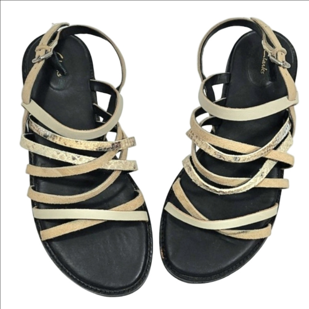 Clarks Karsea Suede Leather Snakeskin Taupe Silver Strappy Slingback Flat Sandal